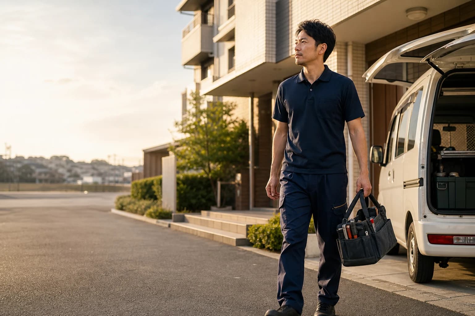 社用車からマンションへ向かう作業スタッフ