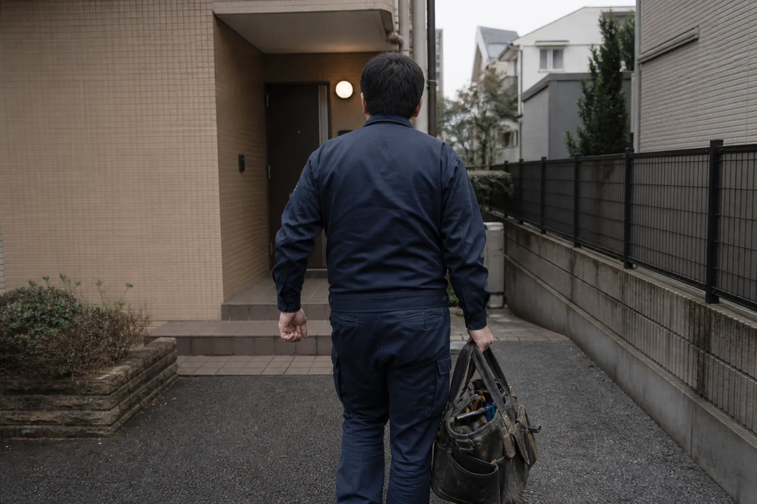 工具を持ち現場へ急ぐ作業スタッフ